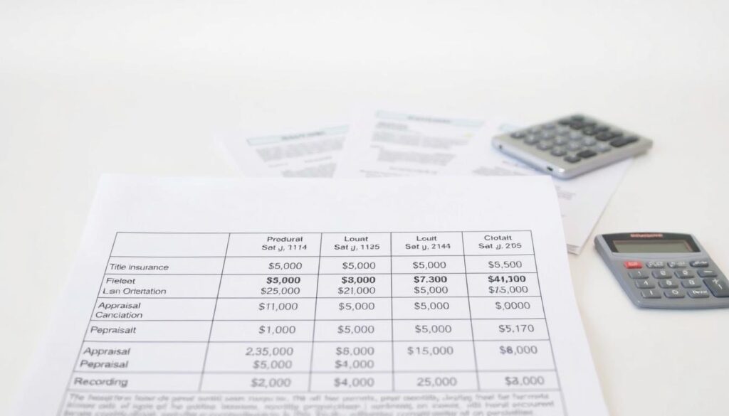 A detailed breakdown of closing costs for a residential real estate transaction, presented against a clean, minimalist backdrop. In the foreground, a neatly organized table outlines the various fees and their respective amounts, such as title insurance, loan origination, appraisal, and recording. The middle ground showcases relevant financial documents and a calculator, conveying the meticulous nature of the process. The background maintains a soft, muted tone, allowing the core information to take center stage. The overall composition is balanced, with a professional, informative atmosphere that aligns with the subject matter of "Closing Costs and Fees Explained".