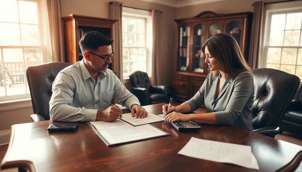 A spacious, well-lit home office with a solid oak desk and a comfortable leather chair. On the desk, an open folder with legal documents, a pen, and a calculator. Two people, a man and a woman, sit across from each other, intently studying the papers and signing them with focused expressions. Warm, natural lighting streams through large windows, casting a soft glow over the scene. The room exudes an atmosphere of professionalism and quiet concentration, reflecting the importance of this pivotal moment in the home-buying process.