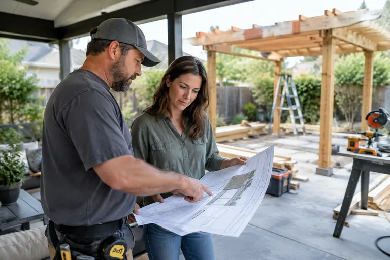 Contractor discussing a covered patio project with a homeowner outdoors