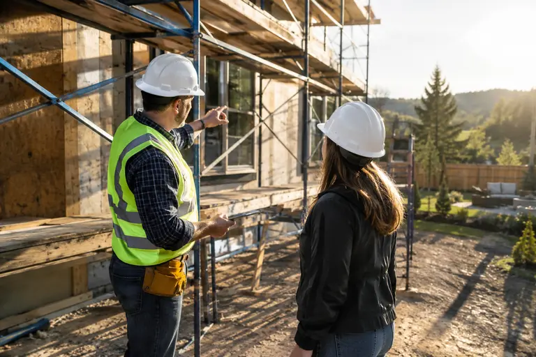 Homeowner comparing contract paperwork with a calculator and pen