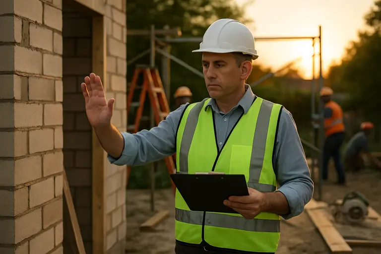 Licensed contractor inspecting a wall area during a home repair visit
